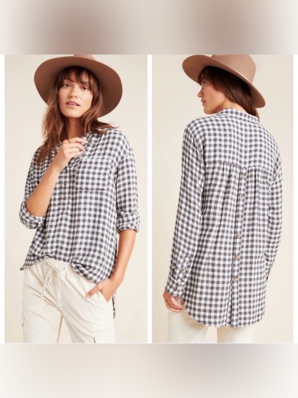Anthropologie XL Black White Plaid Gingham Tunic Button Front Shirt